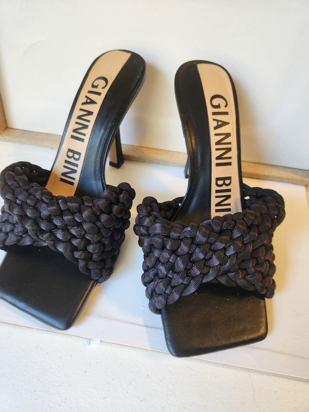 Gianni Bini Keita Woven Square Toe Dress Sandals Mules Heels Minimalist Y2K 8